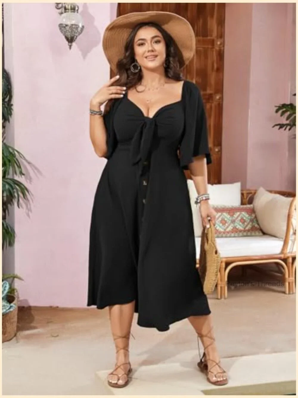 Plus Size Smocked Button Down Midi A-Line Dress with Bow Tie V Neck - Picture 3 of 7